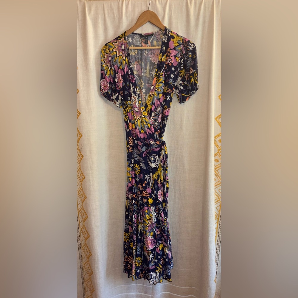 Modcloth Floral Wrap Dress Navy Pink Boho Short Sleeve Size 2